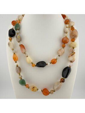 Vintage Beggars Bead Necklace Polished Stone Opera Length 32"